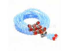 天然水晶批发 海蓝宝色玉髓108佛珠 藏银款图1